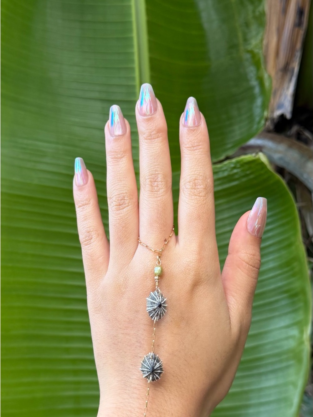 Gold filled Hand Chain Bracelet with False Opihi (limpet) and Green Bead